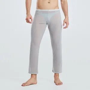 Men sheer mesh trousers breathable lightweight long pants sexy lounge sleepwear main view