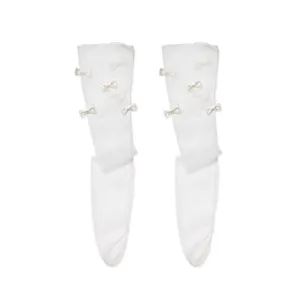 White sheer mesh mid-calf socks decorated with sweet satin bows, cute Lolita style hosiery.