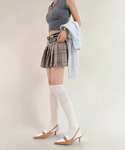 Solid color knee high stockings vertical striped long socks for women autumn winter casual daily wear