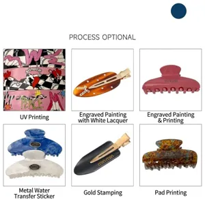 Acetate hair claw clip and barrette detail showing various custom logo printing craft options.