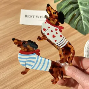 Cute dachshund cellulose acetate hair claw clip, detailed view of cartoon animal hair accessory.