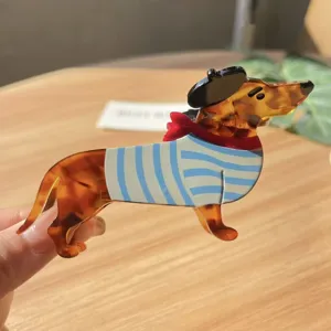 Cute dachshund hair claw with french beret and striped shirt, sweet acetate hairpin for women.