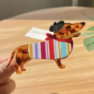 Cute dachshund acetate hair claw clip with colorful stripes and beret design for women.
