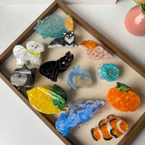 Cute animal fruit acrylic hair claw clips set, creative cartoon hair styling shark clips for women.