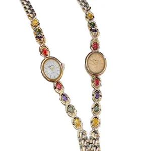 Vintage oval quartz watch with colorful gemstone inlaid chain strap for women elegant accessory