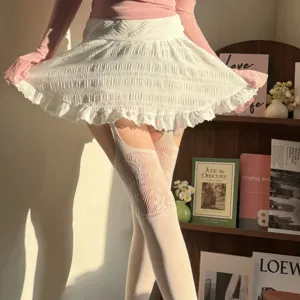 Detailed shot of white lace fishnet stockings and pleated miniskirt, pure desire style outfit.