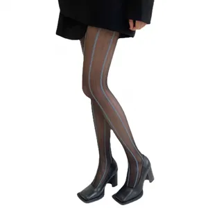 Collants transparents noirs pour femmes avec jacquard épi de blé bleu vertical, vue principale.