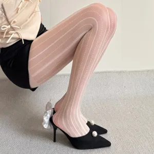 Women's Sheer Vertical Striped Jacquard Pantyhose Tights Core-Spun Silk Slim Fit Breathable Casual Hosiery