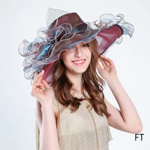 Sombrero de Sol de Organza Floral Grande para Mujer con Ala Ancha Vacaciones en la Playa Gorro de Moda de Malla Elegante Sombrero de Fiesta