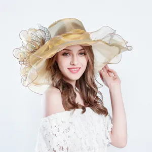 Elegante sombrero de sol de organza de ala ancha para mujer, gran sombrero de playa.