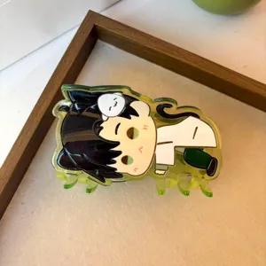 Cute cartoon anime hair claw clip for girls, green acrylic cat character hair accessory for daily wear.