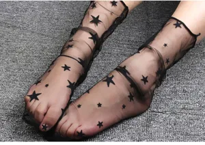Transparent black mesh star print mid-calf slouch socks, trendy summer women hosiery.