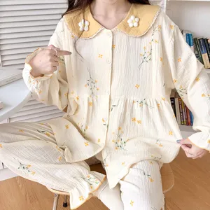 Dames Katoen Bloemen Zwangerschap Pyjama Set Lange Mouw Knoopsluiting Borstvoeding Loungewear Top En Broek