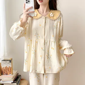 Schattige bloemen katoenen gaas zwangerschaps pyjama, lange mouw borstvoeding nachtwear.