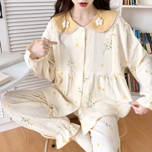 Zoete bloemen moederschap pyjama, dunne katoenen gaas lange mouw nachtkleding voor dames.