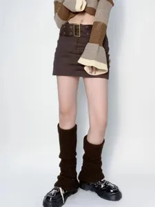 Brown knitted leg warmers cozy winter long socks Harajuku JK style footwear detail