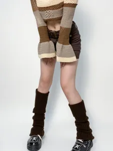 Japanese JK style knit leg warmers, chunky wool over-the-knee thigh high socks for winter wear.