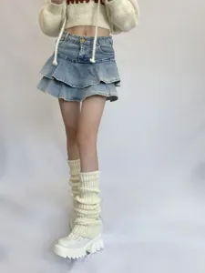 Detailed view of knitted stack socks, showing soft texture and cozy leg warmer design.