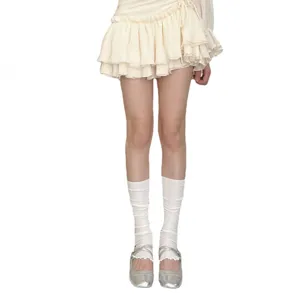 Ballet style thin cotton vertical stripe lettuce edge stirrup leg warmers white stack socks spring