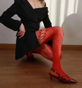 Sexy rote Netzstrumpfhose hohle Spitzenstrümpfe für Damen stilvolle Beinmode Strumpfhose