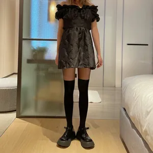 Sexy black pantyhose and fake thigh high socks outfit, perfect for sweet and cool style.