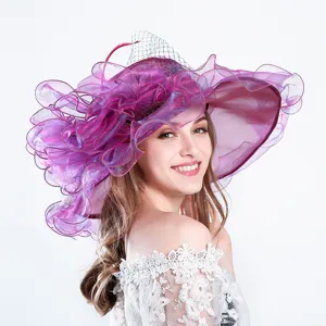 Elegante sombrero de sol de organza con gran diseño de malla floral, ideal para playa y fiestas.