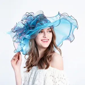 Elegante sombrero de sol de organza gran flor ala ancha malla moda derby sombrero fiesta playa