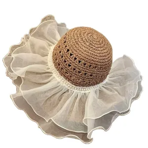 Women straw sun hat large lace ruffle brim summer beach hat breathable UV protection travel cap