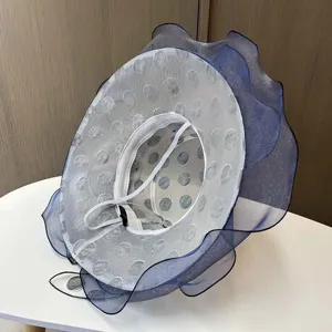 Detaillierte Ansicht des transparenten Organza-Sonnenhuts mit Punkten und Rüschenkrempe.
