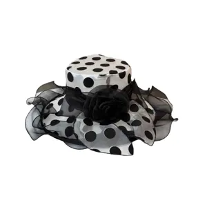Schwarz-weißer Punkt Sonnenhut mit Organza Blumen Rüsche breite Krempe Sommer Mode Damen