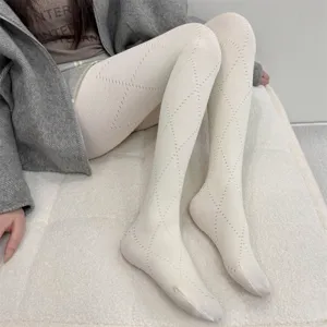 Collants femme motif losange creux hiver chaud elastique tricot collant blanc jambe douce