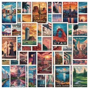 Vintage US city travel poster stickers set, waterproof decorative decals for water bottle phone.