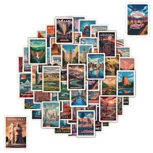 50 Pcs vintage American city poster stickers, waterproof travel decals for water bottle.