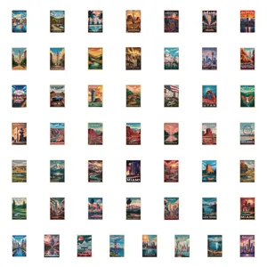 50 pcs vintage US travel city poster waterproof stickers for water bottles, phones, and decor.