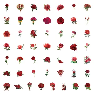 Red rose waterproof stickers pack for phone cup, various floral designs, 50pcs vinyl decal.