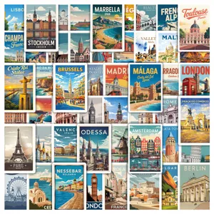50pcs European travel city vintage landmark stickers, aesthetic architectural decal set for journal