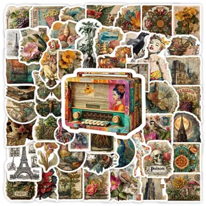 Vintage junk journal stickers pack, 50pcs waterproof decorative decals for laptop and phone.