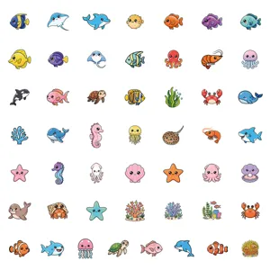 Cute cartoon marine animals stickers set featuring colorful sea creatures and fish.
