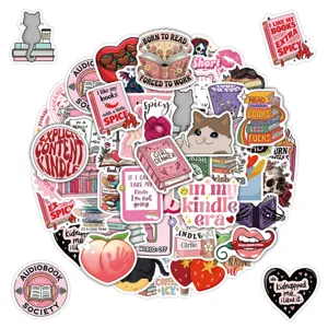 Detailed view of waterproof book lover sticker set featuring cute cat and spicy reading designs.