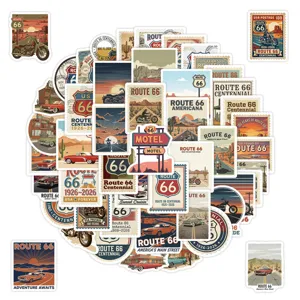 Adesivi retro Route 66, confezione di sticker impermeabili per bottiglie e valigie.
