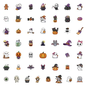 Cute Halloween waterproof stickers detail, colorful ghosts and pumpkins decals for phone and cups.