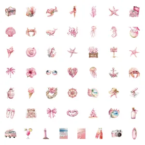 50pcs pink summer beach waterproof stickers cute watercolor ocean aesthetic decals for water bottles