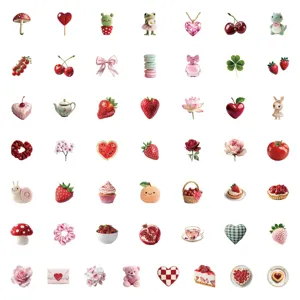 Detailed view of cute strawberry and pink aesthetic sticker designs, waterproof and colorful.
