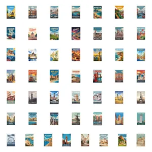 Close-up details of vintage European city landmark stickers, perfect for journaling and crafts.