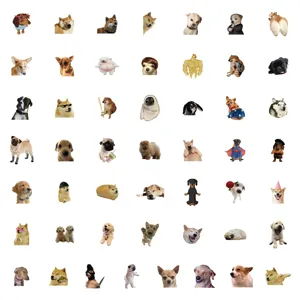 Detail view of funny dog meme waterproof stickers, showing various cute expression designs.