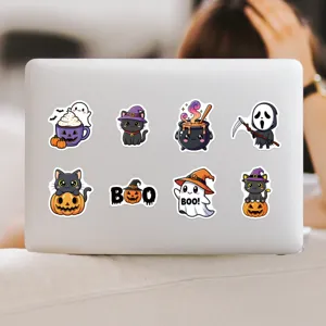 Halloween laptop stickers detail showing cute ghost, pumpkin, and cat waterproof decals.