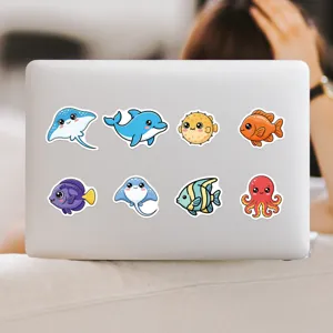 Cute cartoon marine animal waterproof stickers set, perfect for laptop and water bottle decor.