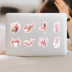 Pink watercolor ocean stickers set, waterproof vinyl decals for laptop, water bottle, and luggage.