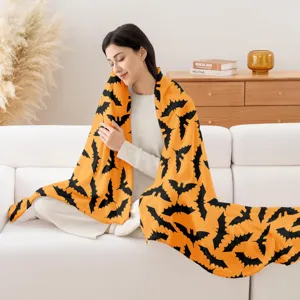 Halloween orange black bat print flannel blanket cozy soft warm fleece throw blanket
