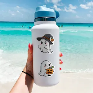 Close-up detail view of a white thermal water bottle decorated with cute Halloween ghost stickers.